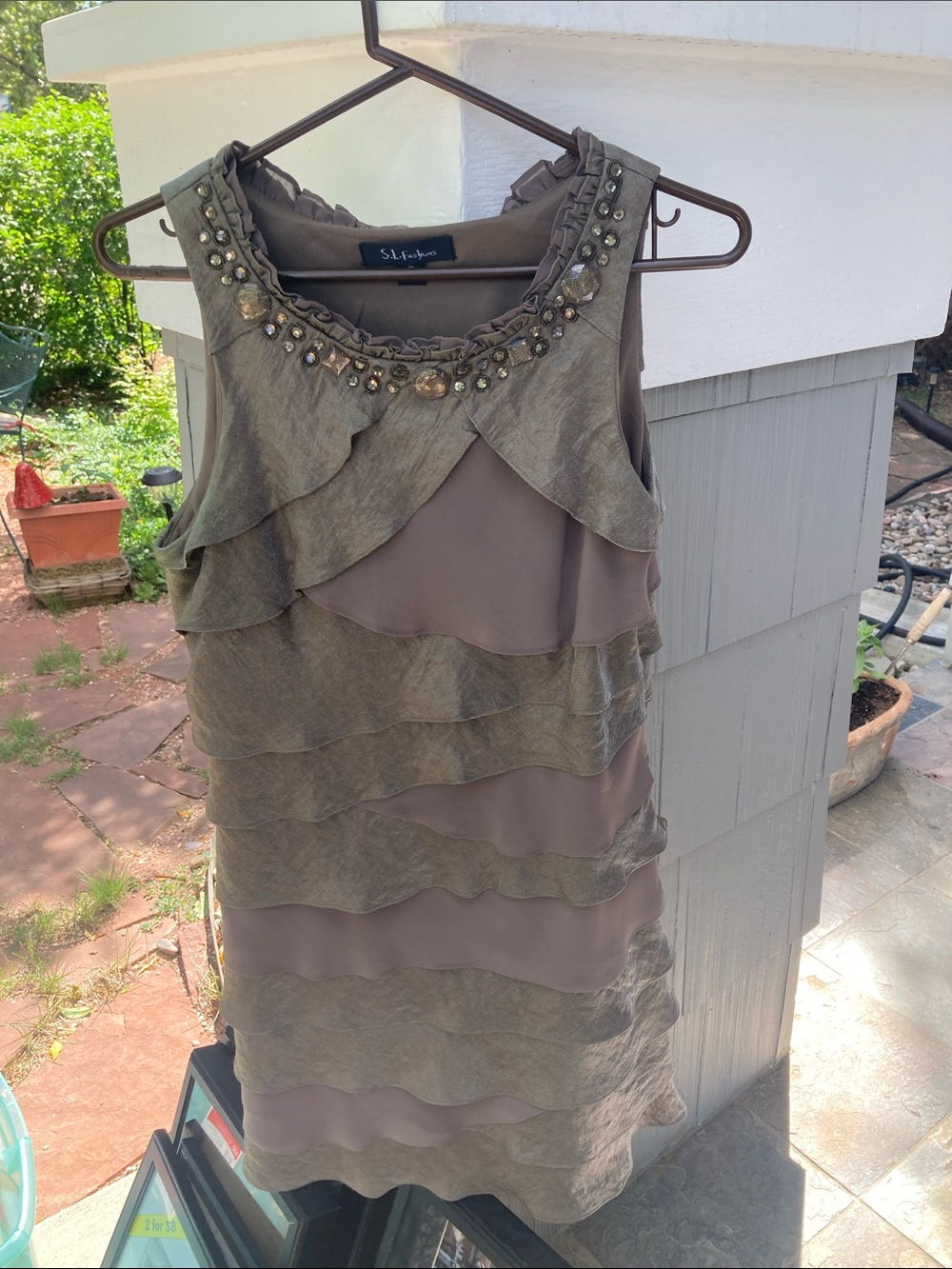 S.L. Fashions Taupe Layered Ruffle Midi Dress